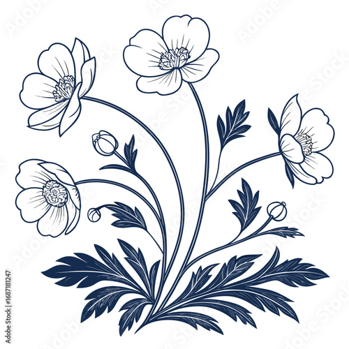 Elegant Floral Design, Blue Ink Flowers