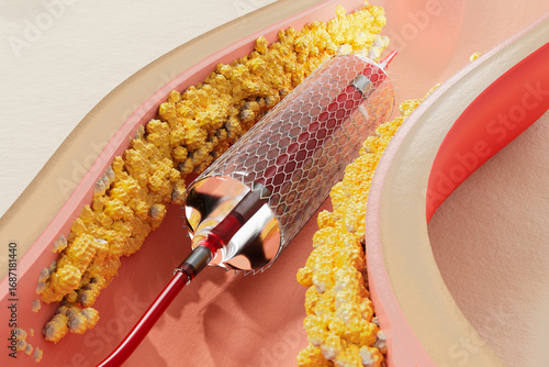 medical illustration of a stent being deployed in a narrowed artery, surrounded by cholesterol plaque.  procedure to restore proper blood flow and treat coronary artery disease. 3d render.