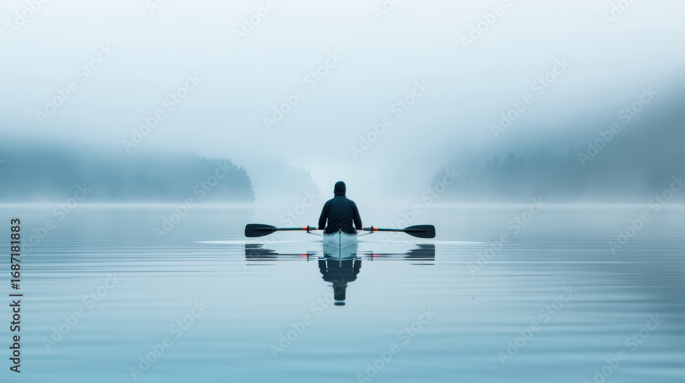 Fototapeta premium A solitary figure in a kayak glides through calm, misty waters, surrounded by serene landscapes and soft blue hues.