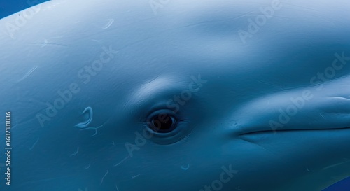 A closeup view features a beluga whales face focusing on its eye mouth and smooth white skin with a hint of blue shading the image