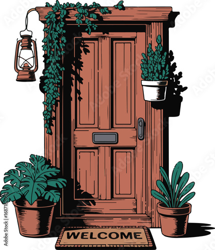 Vintage Wooden Door with Potted Plants and Lantern Vector Isolated on White Background