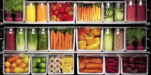 Anti‑Inflammatory Meal Prep Concept. Organized fridge filled with colorful fruits and vegetables.