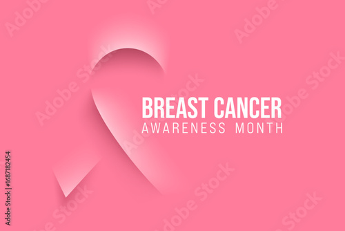 Breast cancer awareness text banner with rose ribbon bow shape on pink background. Minimalistic octobre rose poster