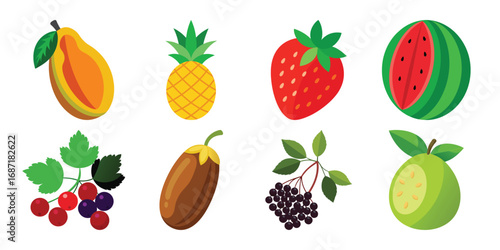 Colorful Cartoon Fruit and Berry Collection papaya Pineapple Strawberry Watermelon Currants and More