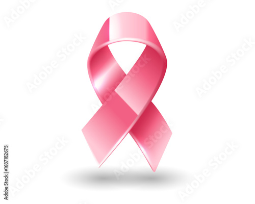 Pink ribbon octobre rose. Breast cancer awareness symbol isolated on white background. Glossy pink tape bow