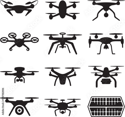 Collection of Drone Silhouettes and Solar Panel Icon quadcopter aerial vehicle