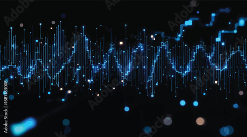 Abstract Digital Sound Waveform or Data Graph with Blue Glowing Vertical Lines and Bokeh Lights.