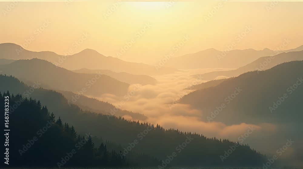 Fototapeta premium Mountain Range and Fog in Morning Light