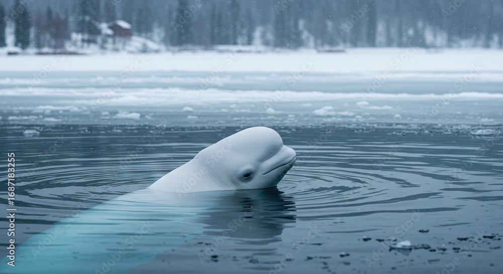Naklejka premium Beluga whale swimming in icy water with a snowcovered background and small ice chunks floating