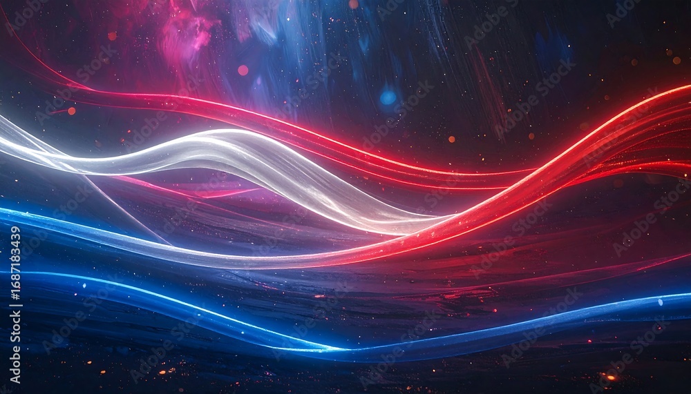 Fototapeta premium Abstract glowing red, white, and blue wavy lines on dark background