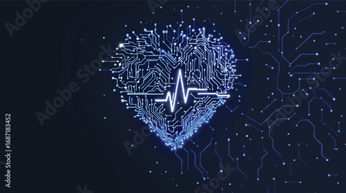 Heart Shaped Circuit Board with EKG Pulse Line on Dark Digital Background technology blue.