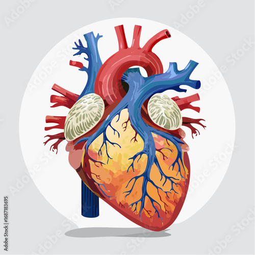 Scientific vector showing human heart anatomy, a detailed model representing the cardiovascular system in clean style.