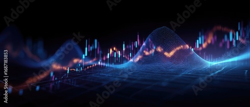 Fototapeta Naklejka Na Ścianę i Meble -  Abstract financial data visualization, showing a wavy landscape of glowing, colorful stock charts and data points on a dark background