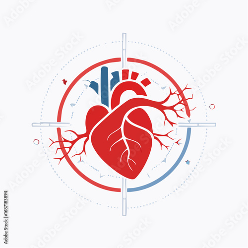 lat vector medical artwork of human heart anatomy, showing a detailed model of the cardiovascular system with clarity