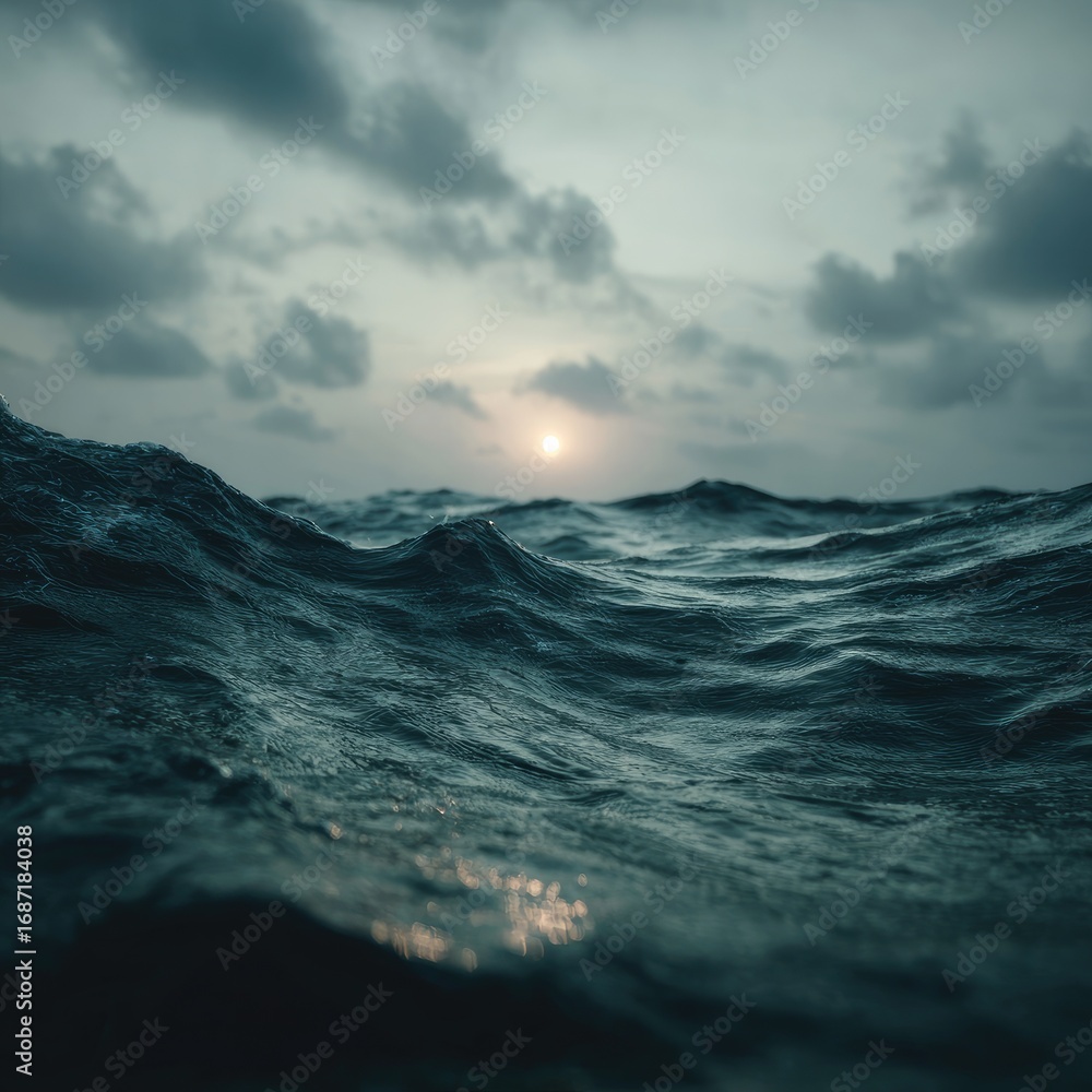 Fototapeta premium Dramatic ocean waves at sunset. Dark, moody scene