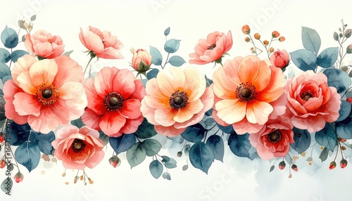 Watercolor Floral Border - Peach and Coral Poppies with Eucalyptus.
