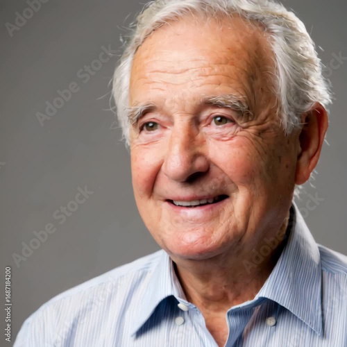 Elderly man studio portrait on a neutral gray background, smiling softly with gentle expression, gray hair, and light wrinkles in a striped shirt.