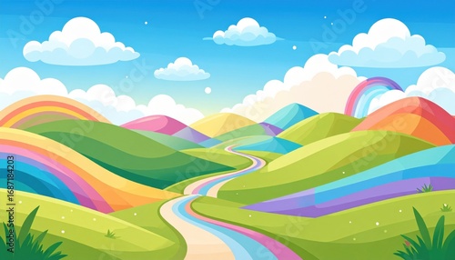 Whimsical Rainbow Hills - A Vibrant Cartoon Landscape with Winding Road.