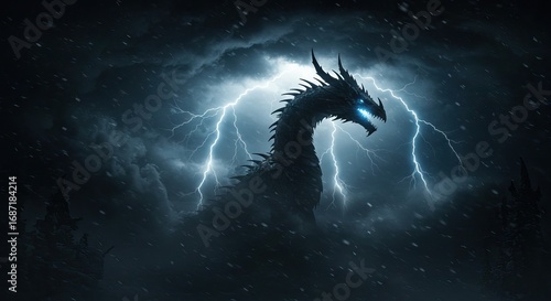 Dark dragon with glowing eyes set against a stormy sky with lightning strikes in a snowy landscape