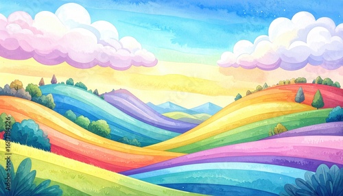 Whimsical Rainbow Hills - A Vibrant Watercolor Landscape.