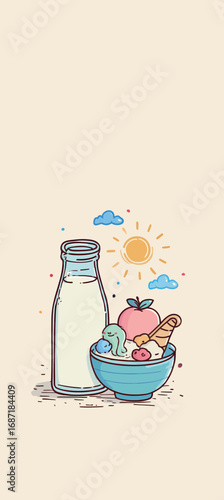 A bowl filled with various ice cream flavors and fresh fruit sits next to a glass milk carton. Sunlight shines in the background, creating a cheerful summer vibe.