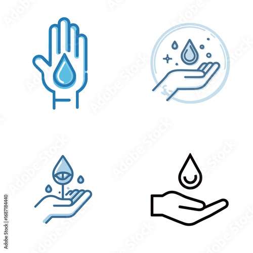 Four distinct illustrations showcase hands holding water droplets, highlighting themes of purity and sustainability.