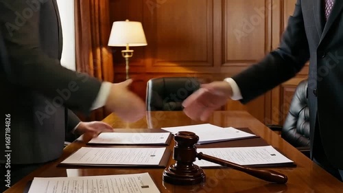 Lawyers shaking hands over signed contracts and gavel on a polished wooden desk in a courtroom setting