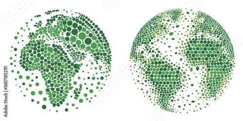 Two spherical maps are created using green dots to represent continents and oceans. The design emphasizes ecological awareness and can inspire conversations about sustainability.