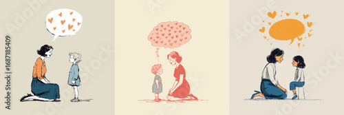 Mothers kneel and interact with their children in warm moments of affection, symbolized by hearts above their heads, showcasing emotional bonds and communication.