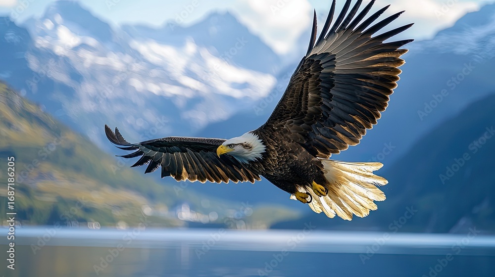 Obraz premium Majestic Bald Eagle Soaring Over Tranquil Lake with Mountain Backdrop.