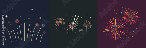 Brightly colored fireworks light up the night sky, creating stunning visual patterns. Bursts of light and splashes of color fill the dark backdrop, enhancing the festive atmosphere.