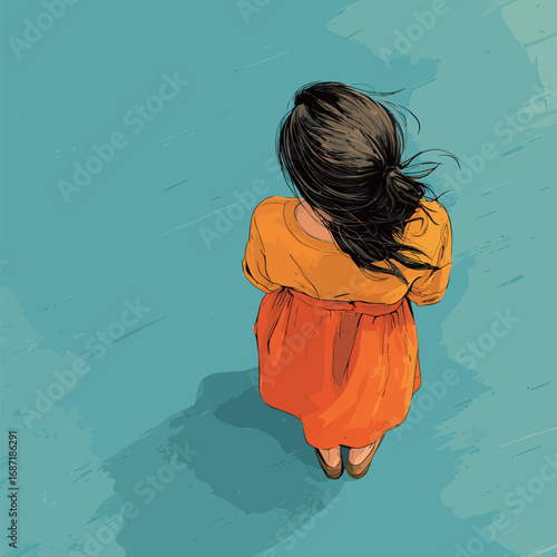 A woman stands calmly on a soft teal surface, wearing a bright yellow top and orange skirt. Her hair flows gently in the breeze, creating a serene atmosphere.