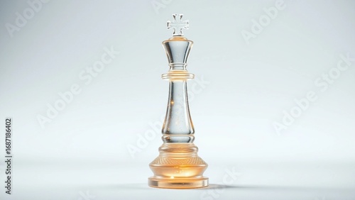 A luminous, transparent glass chess king piece standing regally against a clean, bright backdrop, embodying leadership, intellect, and strategic thinking