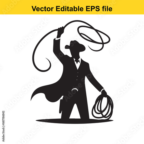 Silhouette of a cowboy with a lasso isolated on white background