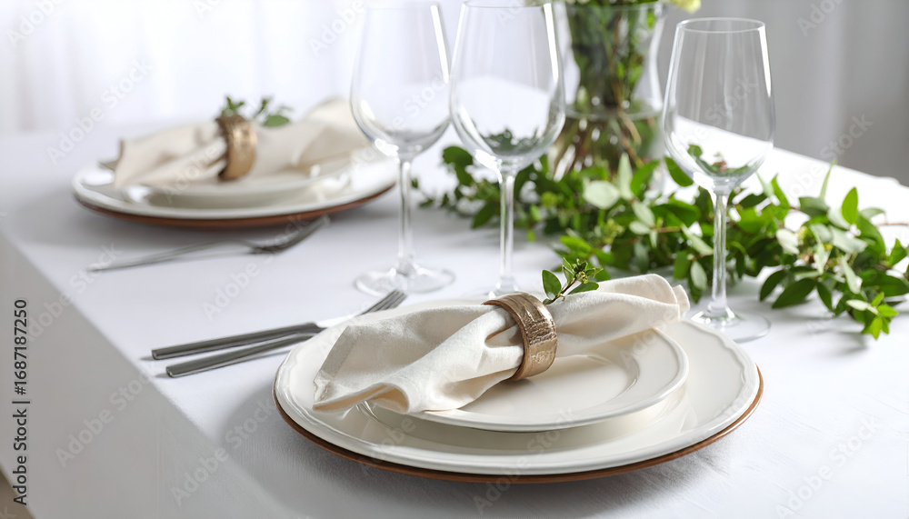 Fototapeta premium Elegant, white table setting with place settings, featuring napkins, silverware, and glassware.