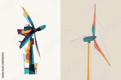 Two artistic representations of wind turbines showcase vibrant colors and abstract forms, highlighting advancements in renewable energy and environmental awareness.