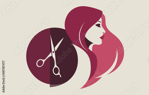 A modern logo design showcases a womans profile with flowing hair alongside scissors, representing a hair salons identity and creativity. The vivid colors enhance its appeal.