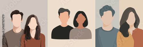 Four stylized figures are displayed against neutral backgrounds, featuring different hairstyles and clothing styles. The artwork captures a variety of expressions and representations.