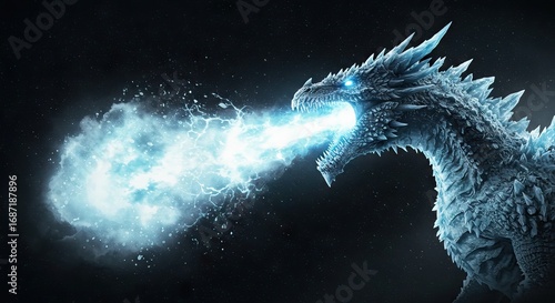 Ice dragon exhales blue lightningcharged breath against a dark starry backdrop