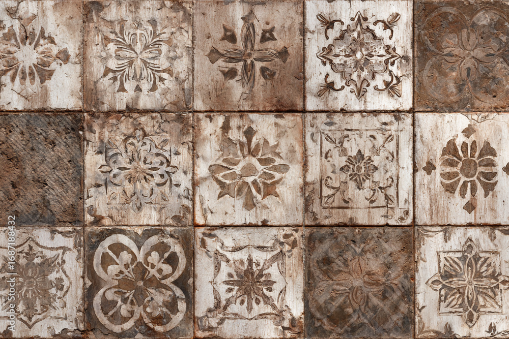 Obraz premium Ornate brown and white square tiles with floral and geometric designs create a textured wall