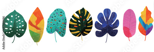 A collection of artistic tropical leaves showcases a variety of colors and shapes, set against a clean white background, creating a lively and bright aesthetic.