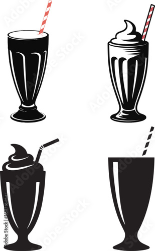 Classic milkshake with whipped cream and striped straw in a tall glass