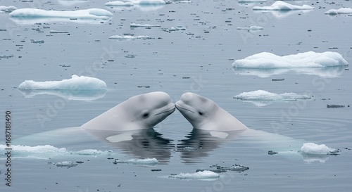 Two beluga whales face each other in icy water their heads close as if nuzzling Ice floes dot the water around them