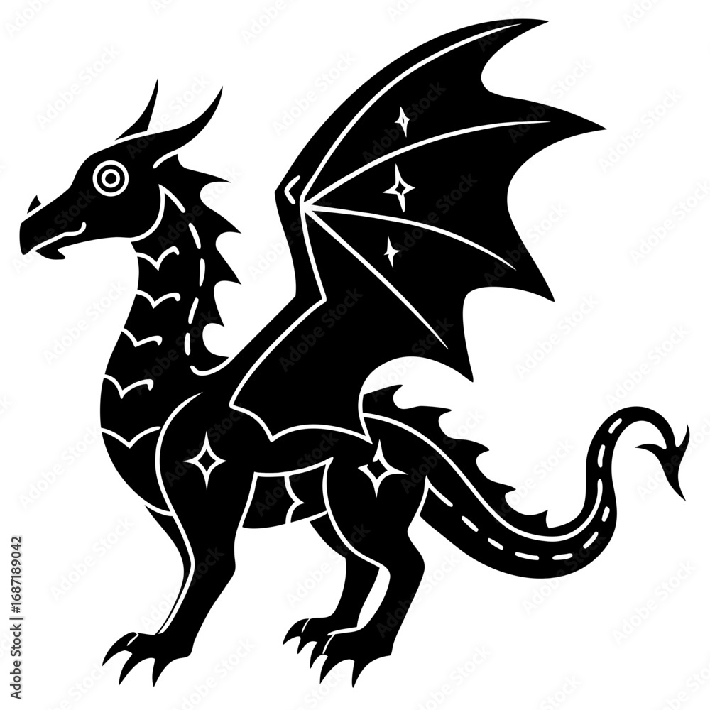 Fototapeta premium Heraldic Dragon Silhouette, a Black Fantasy Creature Emblem for a Logo