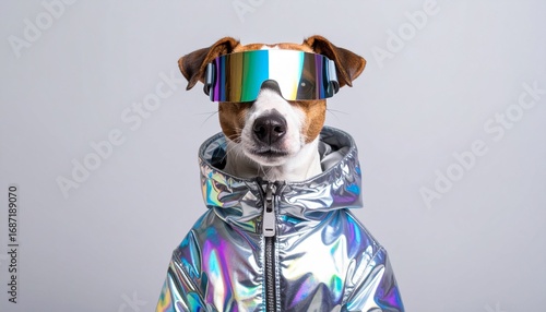 Stylish dog in silver holographic coat with reflective sunglasses