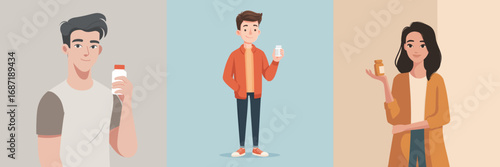 Three young adults stand in a bright and modern setting, each holding a bottle. They display casual styles and confident expressions, emphasizing a relaxed atmosphere.