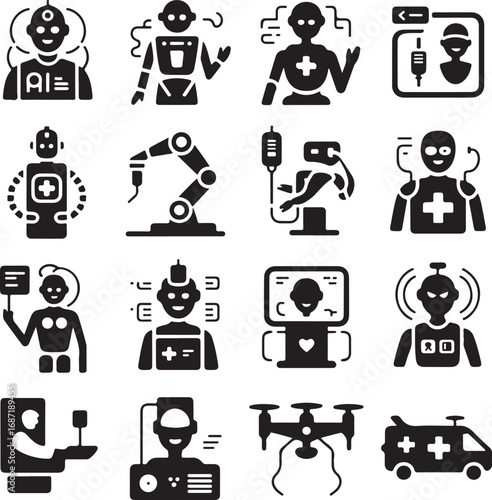Medical and Healthcare Technology Icons with Robots and AI Elements Keywords: robot, AI