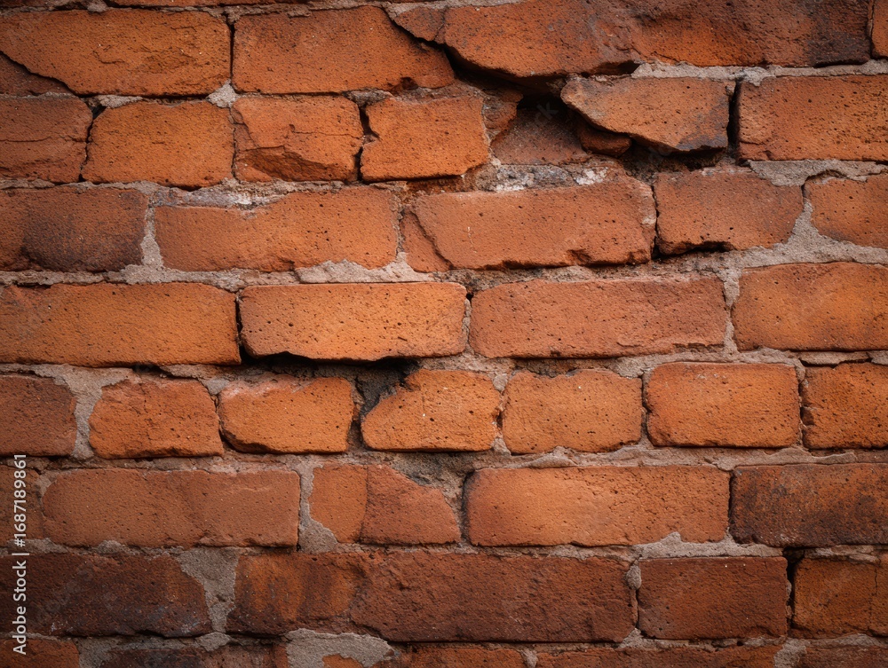 Obraz premium Close-up view of a weathered brick wall showcasing cracks and texture, ideal for architectural backgrounds