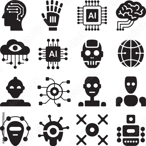 Artificial Intelligence and Robotics Icons with Brain and Circuits Keywords: AI, artificial