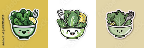 Three cartoon bowls filled with leafy greens showcase cheerful faces and lime wedges. The vibrant colors create a playful atmosphere, emphasizing freshness and healthiness.